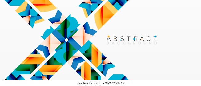 Geometric shapes overlap, creating vibrant abstract design. Orange, blue, green hues dominate white space. Modern aesthetic.