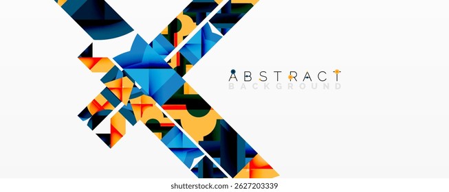 Geometric shapes overlap, creating vibrant abstract design. Blue, orange, green hues dominate white background. Modern aesthetic.