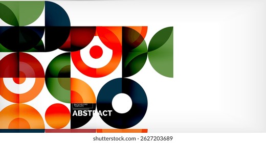 Geometric shapes overlap, creating vibrant abstract pattern. Circles, squares, rectangles dominate composition. Colors include orange, green, black, white.