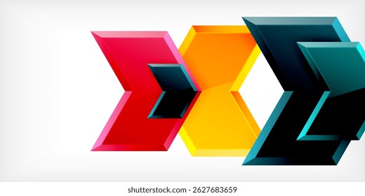 Geometric shapes overlap creating vibrant visual. Red, yellow, teal hues dominate design. Modern aesthetic, clean lines present.
