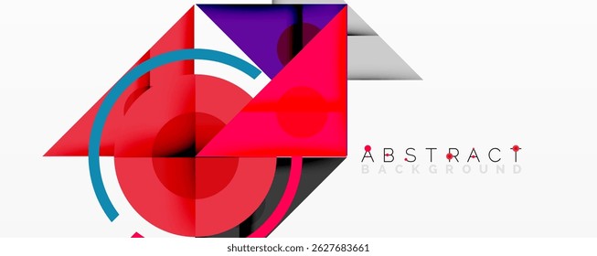 Geometric shapes overlap, creating vibrant composition. Red, purple, blue hues dominate design. Modern aesthetic, clean lines present.