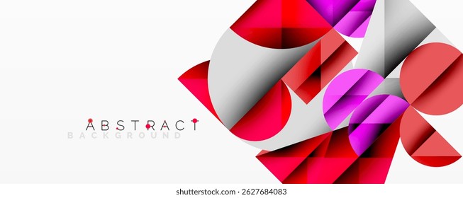 Geometric shapes overlap, creating vibrant red, pink, white design. Modern aesthetic, suitable for backgrounds, presentations.