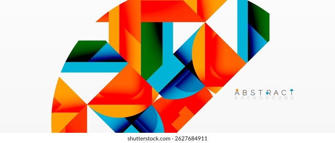 Geometric shapes overlap, creating vibrant colorful design. Modern abstract background with dynamic composition. Bright hues dominate visual space.