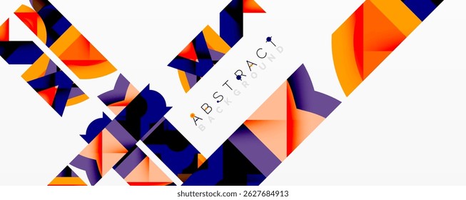 Geometric shapes overlap, creating vibrant orange, blue design. White space provides contrast, modern aesthetic.