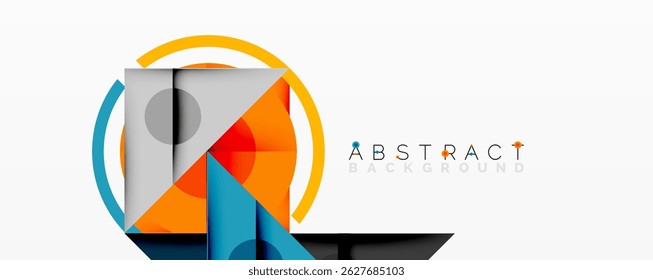 Geometric shapes overlap, creating vibrant modern design. Orange, blue, gray tones dominate composition. Minimalist aesthetic.