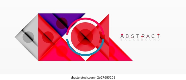 Geometric shapes overlap, creating vibrant design. Red, purple, blue hues dominate composition. Modern aesthetic.
