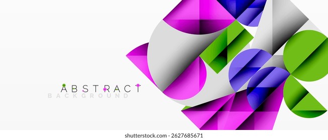 Geometric shapes overlap, creating vibrant abstract composition. Colors include purple, green, white, blue. Modern design element.