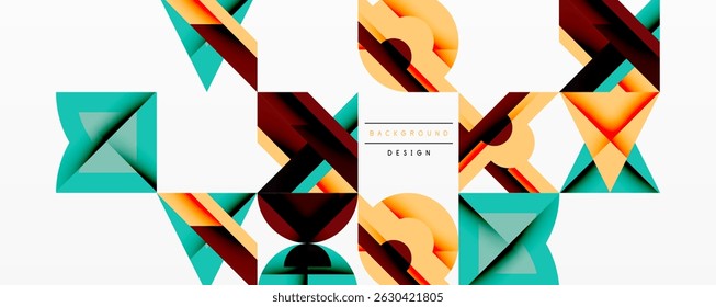 Geometric shapes overlap, creating vibrant abstract design. Colors include teal, orange, brown, gold. Modern style, clean lines.