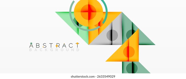 Geometric shapes overlap, creating vibrant abstract background. Colors include orange, green, gray, plus circular designs. Minimalist style.