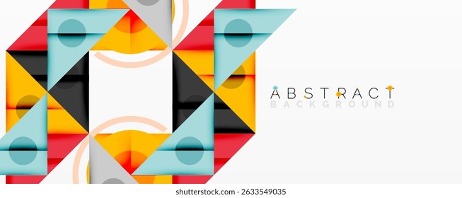 Geometric shapes overlap creating vibrant abstract design. Colors include red, orange, blue, gray. Modern style, clean lines.