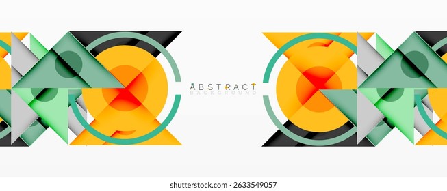 Geometric shapes overlap, creating vibrant abstract design. Orange, green, gray tones dominate composition. Modern aesthetic.
