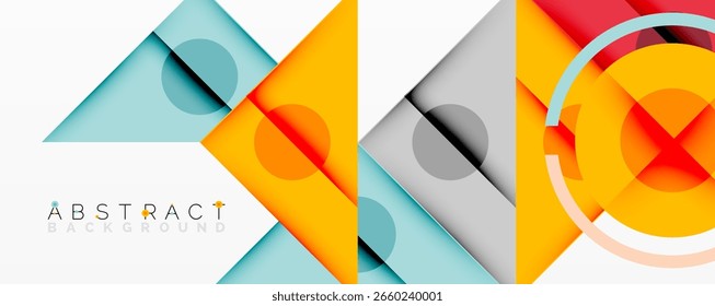 Geometric shapes overlap creating vibrant modern design. Colors include orange, gray, blue, red. Minimalist aesthetic.