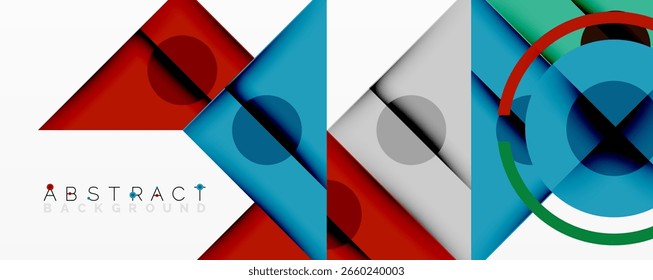 Geometric shapes overlap, creating vibrant abstract design. Red, blue, gray colors dominate composition. Modern aesthetic.