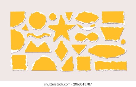 Geometric shapes of paper torn. Set of torn colored paper with edge of different geometric shapes isolated. Vector scraps of circle, square, star, semicircle, ellipse. Crumbled colored pieces of pages