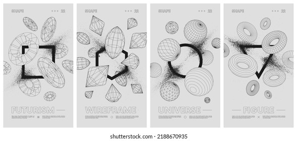 Geometric Shapes With Particle Spray Effect, Wireframes Strange Geometrical Figures, Contemporary Composition Artwork Abstract Vector Set Posters