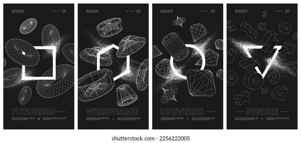 Geometric shapes with particle spray effect, Wireframes strange geometrical figures on a black background, contemporary composition artwork abstract vector set posters