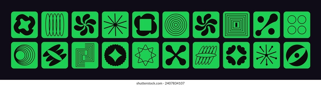 Geometric shapes patches set in brutalism style. Abstract bauhaus figures. Monochrome brutalist icons. Stylized minimal retro elements on background. Y2K design. Flat isolated vector illustrations