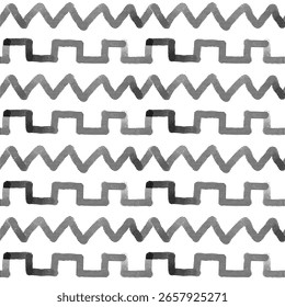 Geometric shapes in a pattern with abstract striped strokes. Stripes in the shape of geometric lines, zigzags, and triangles. Seamless texture, hand-drawn shading