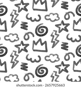 Geometric shapes in a pattern with abstract striped strokes. Shapes of geometric elements, spiral, cloud, crown, star, and zigzag. Seamless texture, hand-drawn shading