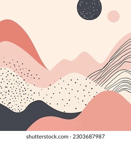 geometric shapes pattern, moon, sun, mountains, in the style of light pink and light black, fluid lines and curves, pointillist landscapes, poster, warm color palette, romantic landscape