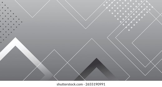Geometrische Formen und Muster sind auf einem grau gefärbten Hintergrund angeordnet. Weiße Linien und Punkte schaffen ein Gefühl von Tiefe und Bewegung.