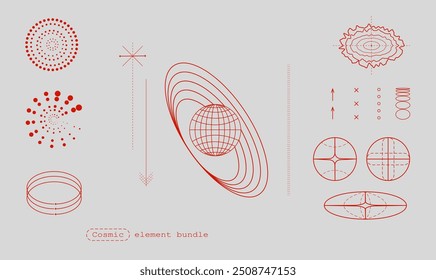 Formas geométricas y patrones relacionados con Elementos cósmicos, esferas que representan planetas y varias líneas, curvas que simbolizan cuerpos celestes. Ciencia. Estética moderna, arte minimalista. Diseño de Vector