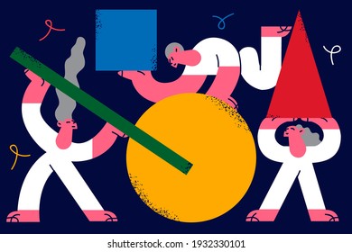 Geometric shapes and people concept. Team of people cartoon characters assembling abstract colourful geometric puzzle together vector illustration