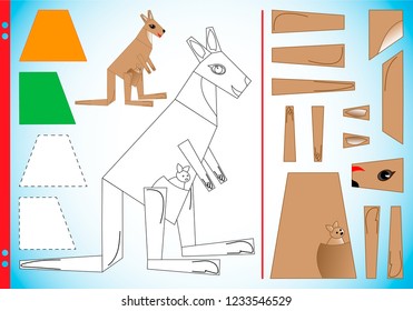 Geometric shapes in pictures for children. The task is to cut quadrangles and collects kangaroos. Educational puzzle game with a hint. Vector illustration. Training sheet for printing