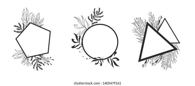 Geometric shapes with plant sketches. Decorative arrangement. Great for backgrounds prints. Vector