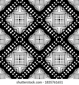 Geometric shapes from points. Digital ornament. Halftone. Seamless pattern. Vector illustration for web design or print.