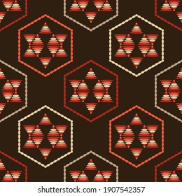 Geometric shapes from points. Seamless pattern. Design with manual hatching. Textile. Ethnic boho ornament. Vector illustration for web design or print.