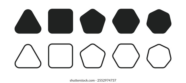 Formas geométricas o figuras de polígono con esquinas redondeadas. Triángulo, cuadrado, pentágono, hexágono, heptágono. Formas poligonales de esquinas redondeadas con contorno. 