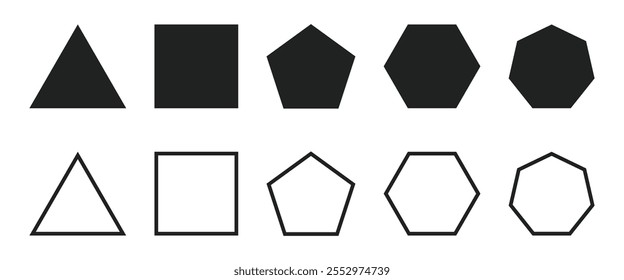 Geometric shapes or polygon figures set with sharp corners. Triangle, square, pentagon, hexagon, heptagon. Rounded corners polygon shapes with outline. Geometry math learning for kids education.