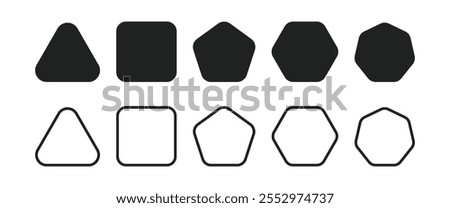 Geometric shapes or polygon figures set with rounded corners. Triangle, square, pentagon, hexagon, heptagon. Rounded corners polygon shapes with outline. 