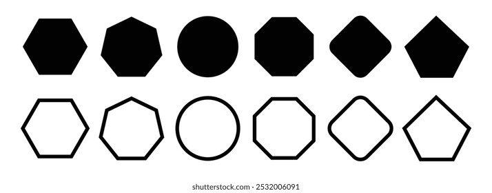 Formas geométricas, polígonos, retângulo, elipse, triangular, quadrilateral, pentagonal, hexagonal, hexagonal e octogonal formas.