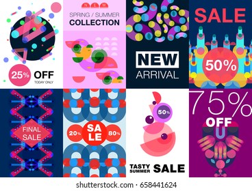 Geometric shapes poster banner set of eight creative backgrounds with abstract artwork compositions and editable text vector illustration