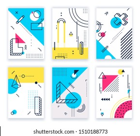 Geometric shapes posters. Abstract geometrical shapes cards, funky 80s and memphis style design. Geometry poster, hipster colorful flyer brochure. Isolated background illustration vector set