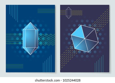 Geometric shapes posters set with prints made of straight and wavy lines and big dots, polygonal forms collection isolated on vector illustration