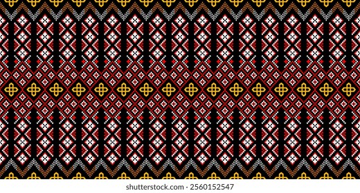 geometric shapes, primarily diamonds and crosses, arranged in symmetrical rows. The color palette is rich, with black forming the base, accented by red, white, yellow, and touches of orange. 