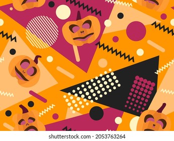 Geometric shapes with pumpkins. Halloween seamless pattern in memphis style 80s. Background for printing on paper, advertising materials and fabric. Vector illustration