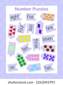 Geometric shapes puzzle print and cut leaning numbers with colorful objects vector illustration, leisure or study activity, educational counting game worksheet for kids, teachers resources