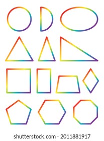 Geometric shapes. Rainbow colored circle, semicircle, ellipse, equilateral, isosceles and right triangle, square, rectangle, trapezoid, rhombus, pentagon, hexagon and octagon for geometry lesson.
