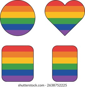 Geometric shapes with rainbow stripes isolated on a white background. A heart, circle, and squares in red, orange, yellow, green, blue, and purple.