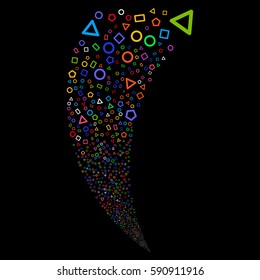 Geometric Shapes random fireworks stream. Vector illustration style is flat bright multicolored iconic symbols on a black background. Object fountain made from scattered icons.