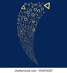 Geometric Shapes random fireworks stream. Vector illustration style is flat yellow iconic symbols on a blue background. Object fountain made from scattered symbols.