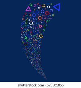 Geometric Shapes random fireworks stream. Vector illustration style is flat bright multicolored iconic symbols on a blue background. Object fountain created from scattered pictograms.