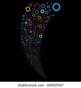 Geometric Shapes random fireworks stream. Vector illustration style is flat bright multicolored iconic symbols on a black background. Object fountain created from scattered pictographs.