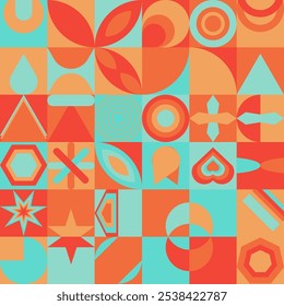 Geometric shapes in red, orange, and turquoise suitable for abstract backgrounds, graphic design projects, and modern art inspiration.