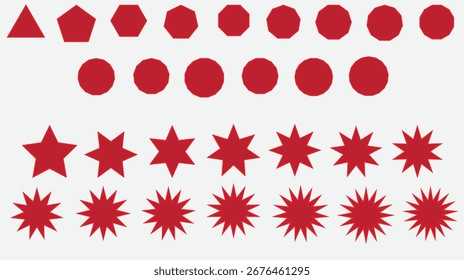 Formas geométricas em vermelho são sistematicamente dispostas em linhas contra um fundo branco exibindo uma clara progressão de um triângulo para um decágono e, em seguida, estrelas com pontos crescentes oferecendo um vis