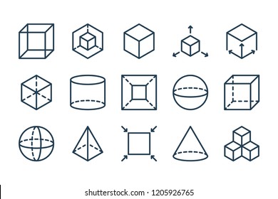 Geometric shapes related line icon set. 3D modeling objects outline icons.